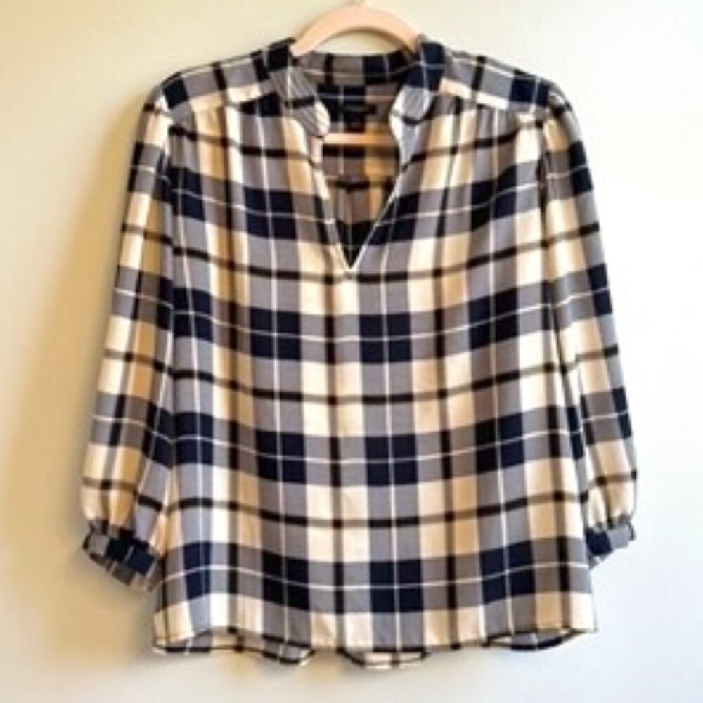 Ann Taylor Factory Navy and Cream Plaid Blouse